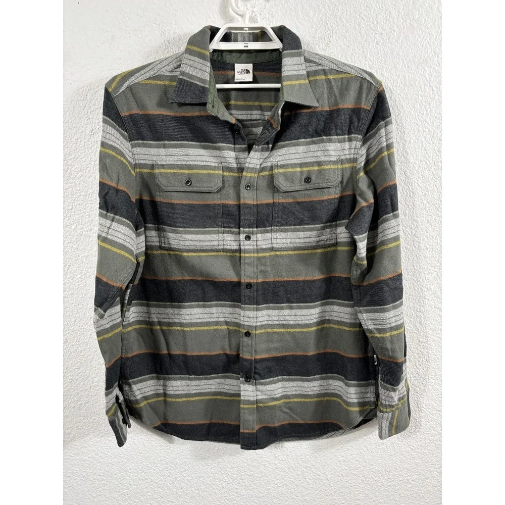 The‎ North Face Flannel Shirt Mens Large Green Striped Button Up Long Sleeve